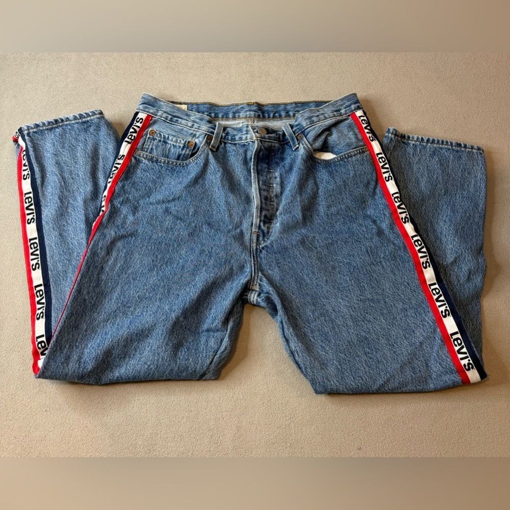 Levi's 501 Logo Side Panel Stripe High Waisted Big E Mom Jeans Sz 26